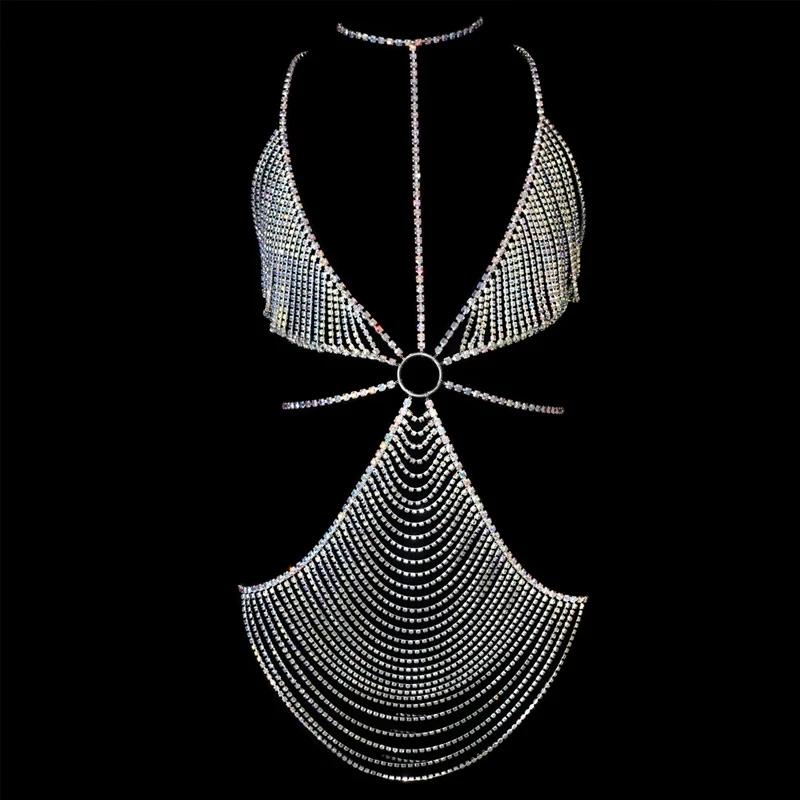 Sexy Body Rhinestone Crystal Body Suit Chain for Women Fashion Nightclub Bikini Body Chain Harness Jewelry Clothing серебряный