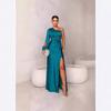 One Shoulder Bell Sleeve Twisted Knot Front Slit Maxi Dress Navy Blue