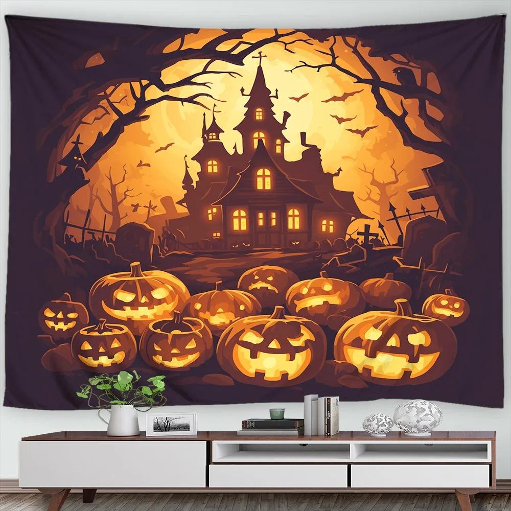 Halloween Decorative Tapestry Pumpkin Lantern Wall Hanging Full Moon Gothic Castle Ghost Bat Tapestry Home Room Decoration