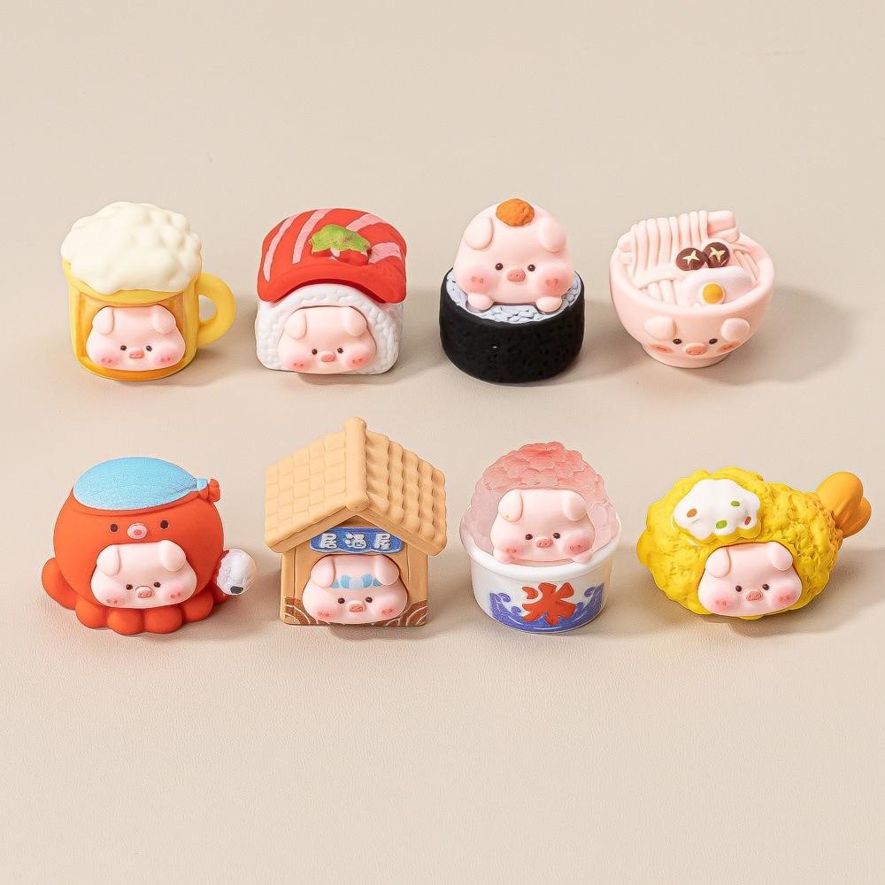 8pcs Kawaii Cartoon Pig Doll Miniatures Ornament Resin 8Pcs/Set Mini Figures Crafts DIY 3D Desktop Statue Pendant Accessories