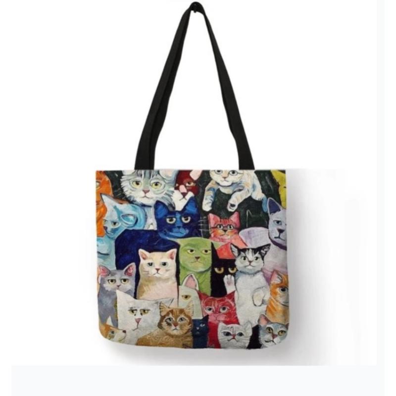 Tote Einkaufstasche süße Katze Druck Frauen Handtasche Leinen Totes mit Print Logo Casual Reisen Strand Taschen