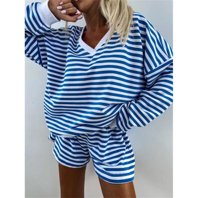 Spring Summer Women Clothes Casual Striped Suit Long-Sleeved V-Neck Loose Top + Sports Shorts 2-Piece Set For Women