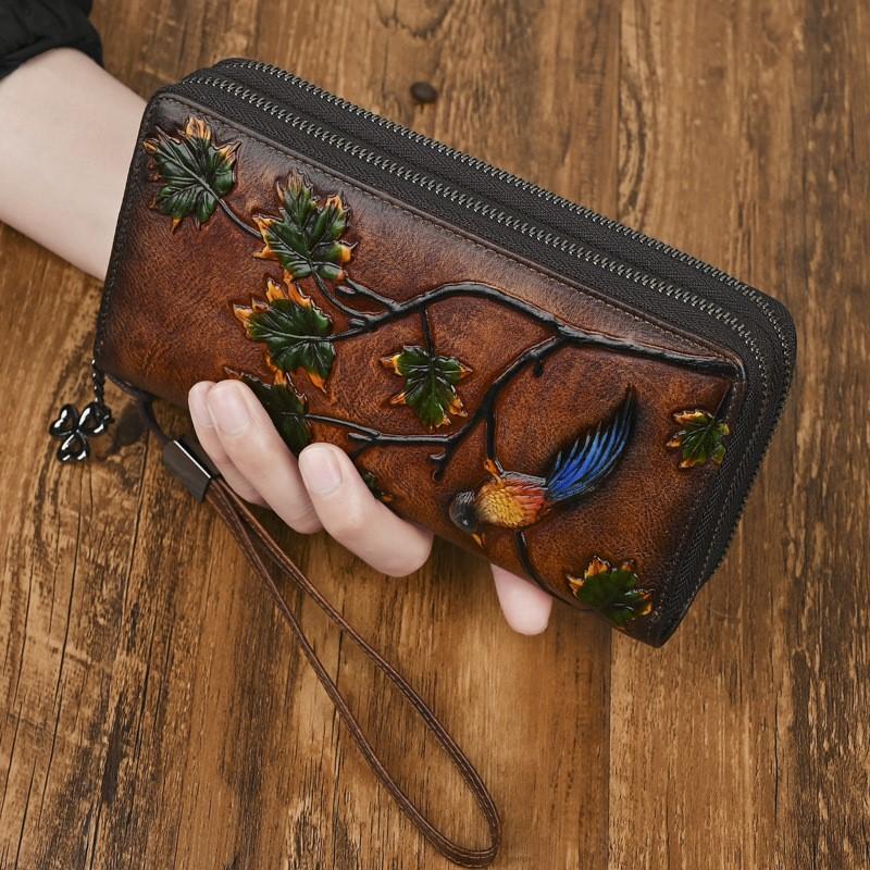 Johnature Vintage Peněženka Držitel na karty Pravá kůže Ražená Dámské Dlouhé Peněženky Pravá Hovězí Kůže Ruční Kabelka