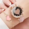 6PCs/Set Fashion Women's Watch Leather Strap Quartz Watch with Love Bracelet Set