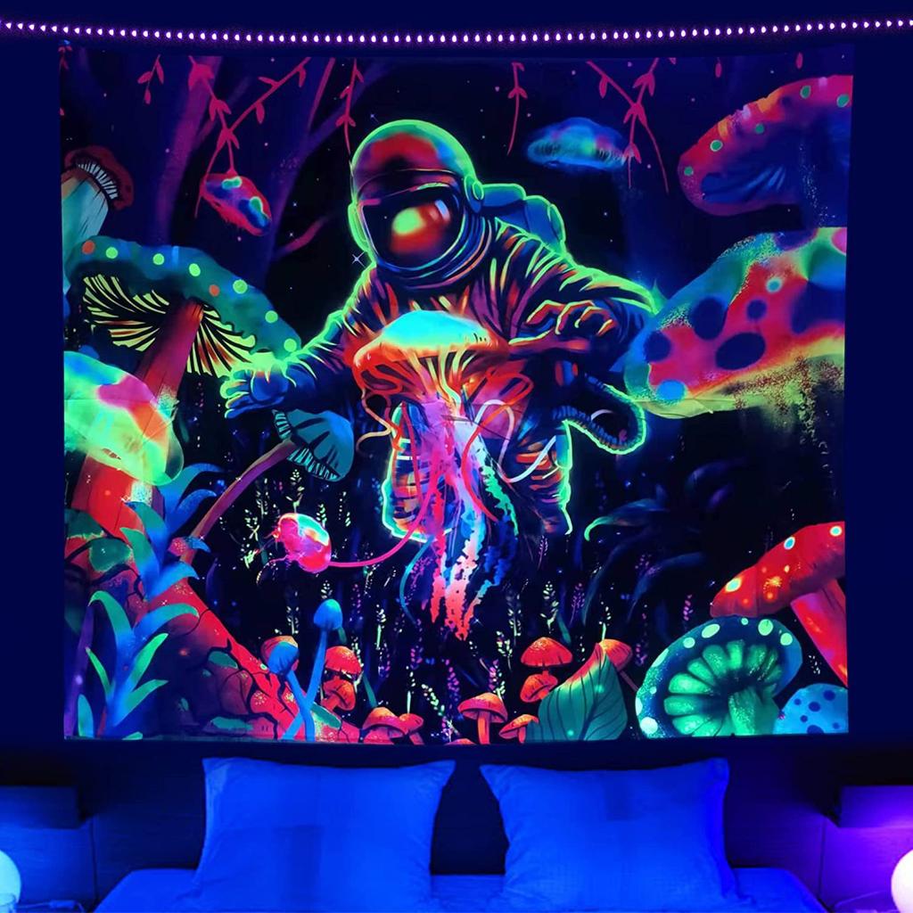 1pc Colorful Tapestry Fiction Astronauts Aliens Print Fluorescent Oversized Tapestry for Birthiday Gift Home Party Wall Decor