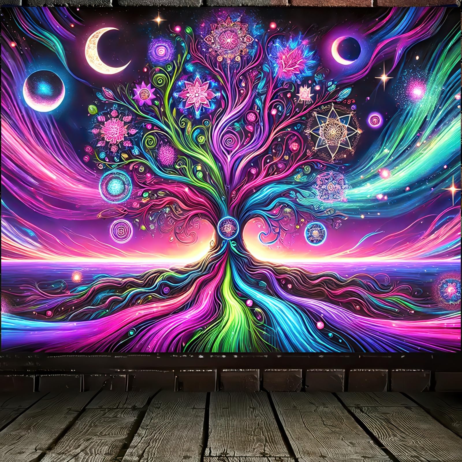 Черно-белый гобелен «Древо жизни» Психоделический космический галактический неоновый гобелен УФ-активный гобелен Светящийся в темноте Неоновые фоны 74x94cm(29x37in)
