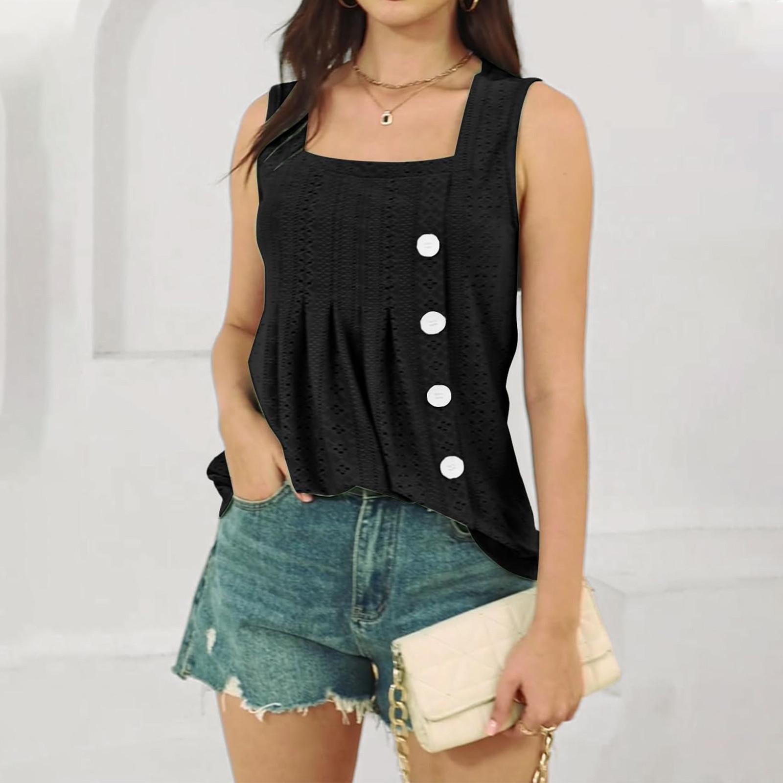 

Женские топы-майки, плиссированные топы, вязаные крючком, квадратный воротник, цветочные летние топы на пуговицах S чёрный