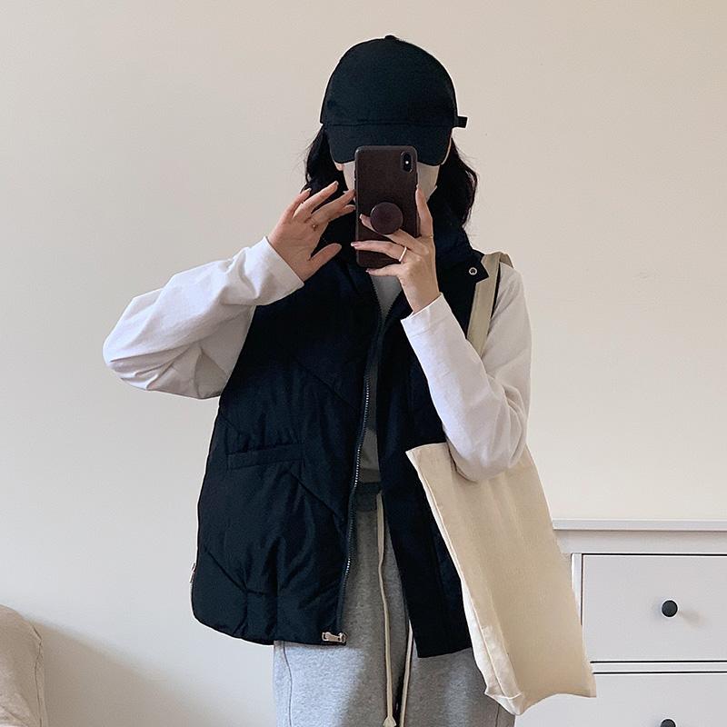 Loose Cotton Sleeveless Vest with Side Zipper for Women, Korean Style Solid Color Coat for Autumn and Winter