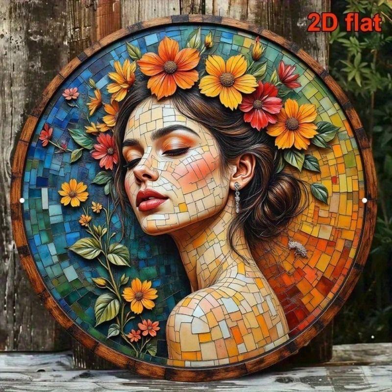 Vintage 3D Flower Portrait Metal Poster Wall Art, Round Mosaic 8x8 Inch for Living Room