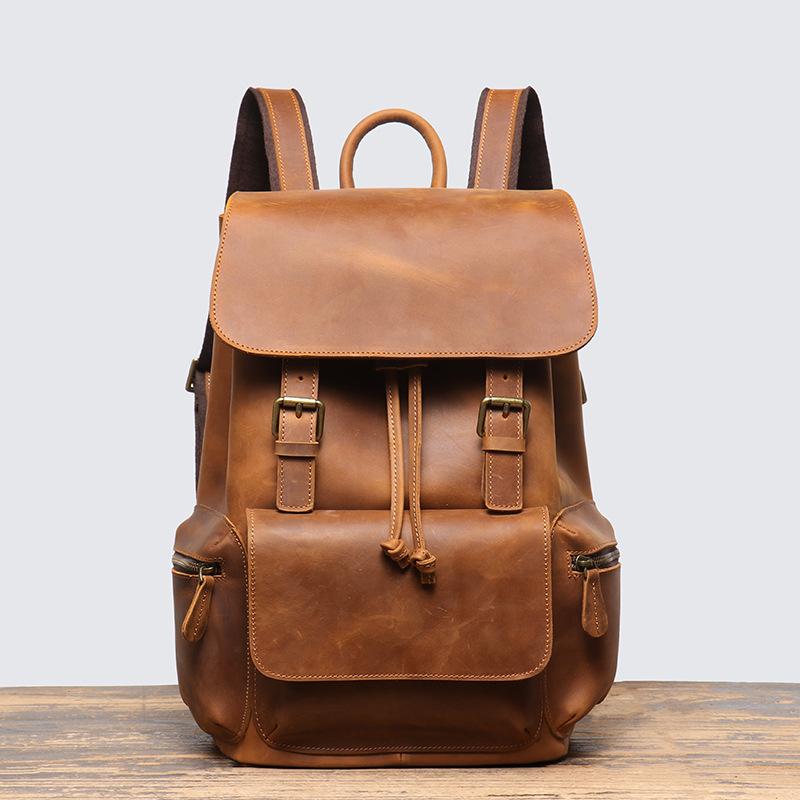 Retro Men S Leather Backpack For Business Trip Women S Mad Horse Leather Backpack Cowhide Large-Capacity Computer Bag