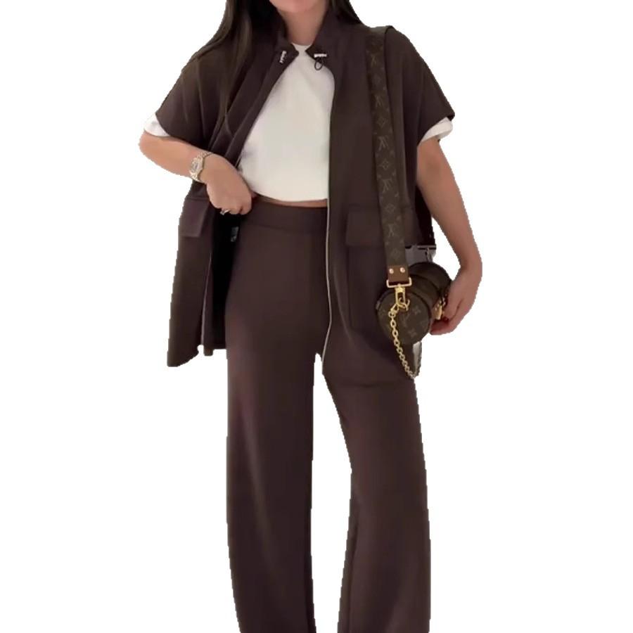 New Women's Autumn and Summer Solid-color Casual Loose Pocket Sweatshirt Straight-leg Pants Set