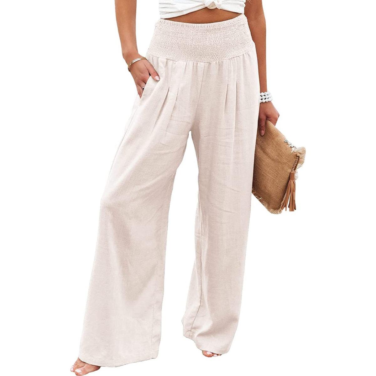 Women s High Waist Smocked Wide Leg Pants Casual Loose Trousers Summer Beach Palazzo Pants S