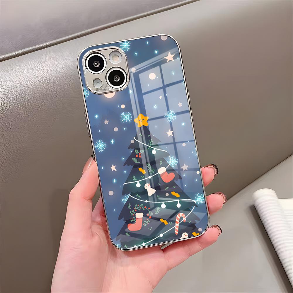 Чехол для телефона 'Рождественская елка' для IPhone 17 Pro Max 15 Pro 16 14 Plus 12 13 Mini 11 Pro Ударопрочный гальванизированный стеклянный чехол