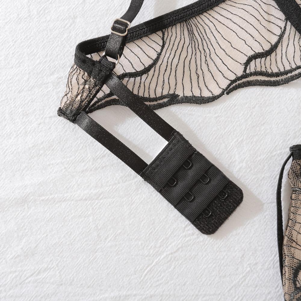 4pcs Sexy Ultra-thin Mesh Women'S Lingerie Set with French Hollow Lace Breathable Bra Thong Thigh-High Socks and Thigh Lace Trim