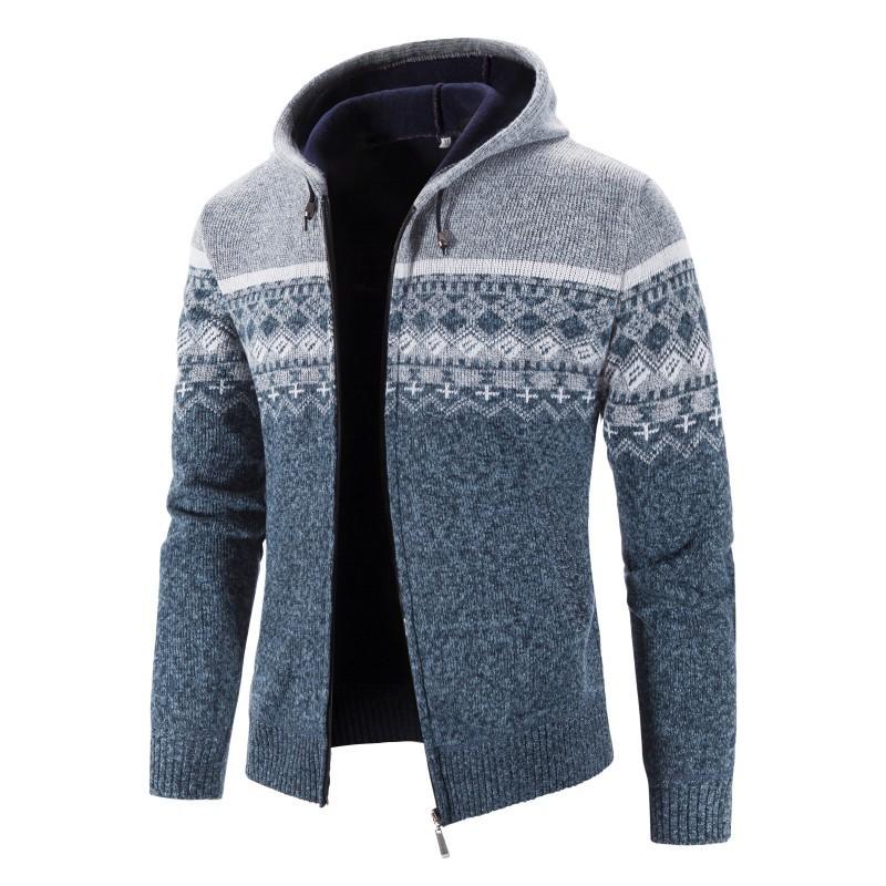 Men's Autumn and Winter Warm Jackets Hooded Knitted Cardigan Velvet Padded Jacket