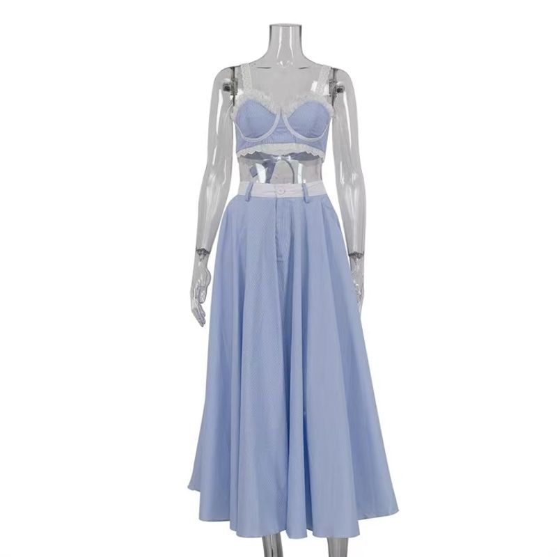 

Western Style Fashion Lace Stitching Cami Skirt sets Sexy Vest and Skirt Set Blue S
