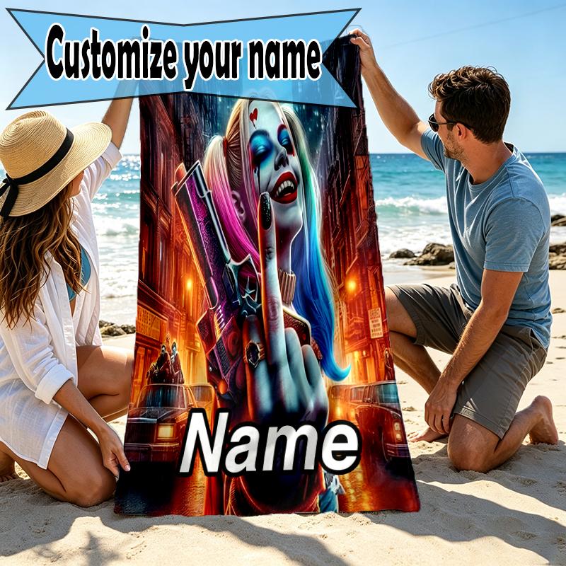 Custom Name Personalized Harley Quinn Joker Print Beach Towel, for Trip Camping Beach Party Home Decor, Birthday Gift for Family & Friends