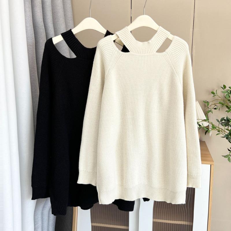 Plus Size Women Thick Hollow Out Mid Length Long Sleeve Pullover Sweater