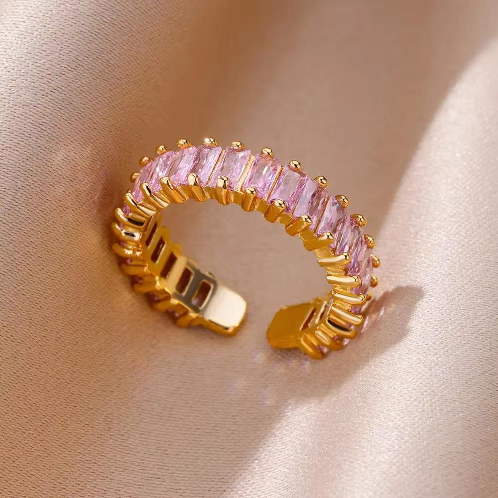 Colorful Cubic Zircon Ring for Women Stainless Steel Gold Color Open Ring Vintage Boho Wedding Party Zircon Gift Accessories