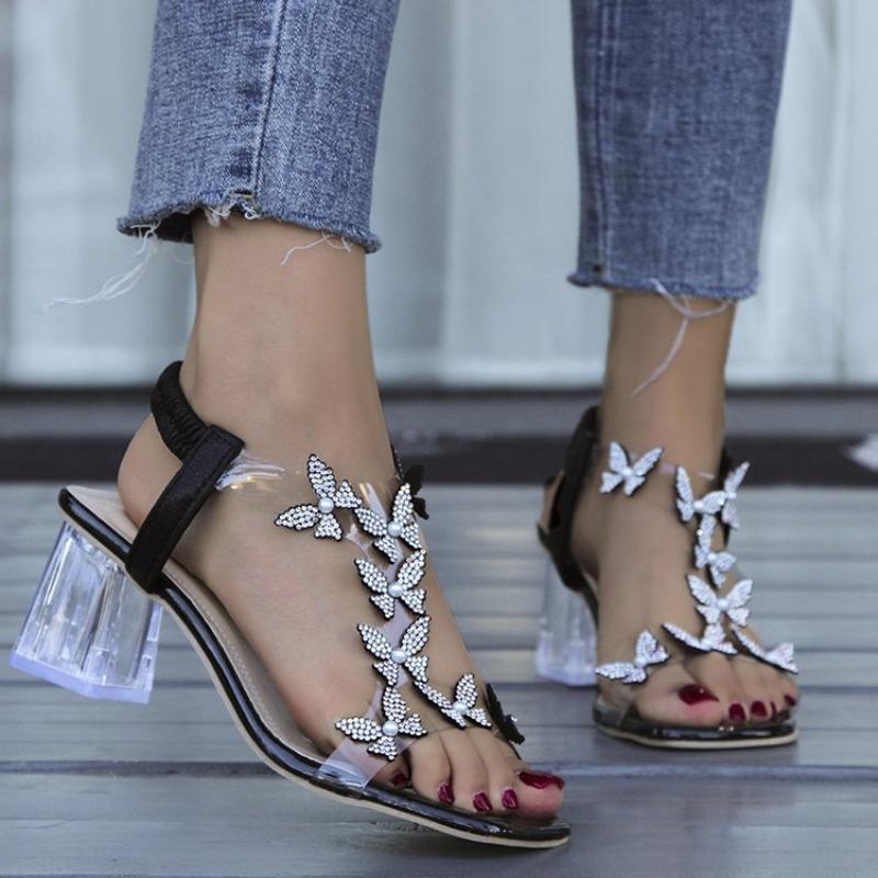 2026 New Plus Size Women's Rhinestone Butterfly Sandals Square Toe Crystal Chunky Heel Fairy Style Transparent High Heels