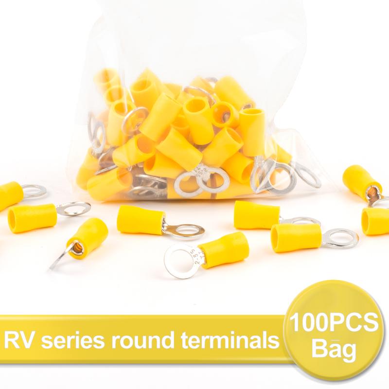 100Pcs RV2-3.2/4/5/6/8/10  Ring Insulated Wire Connector Electrical Crimp Terminal Cable Wire Connector AWG 22-16