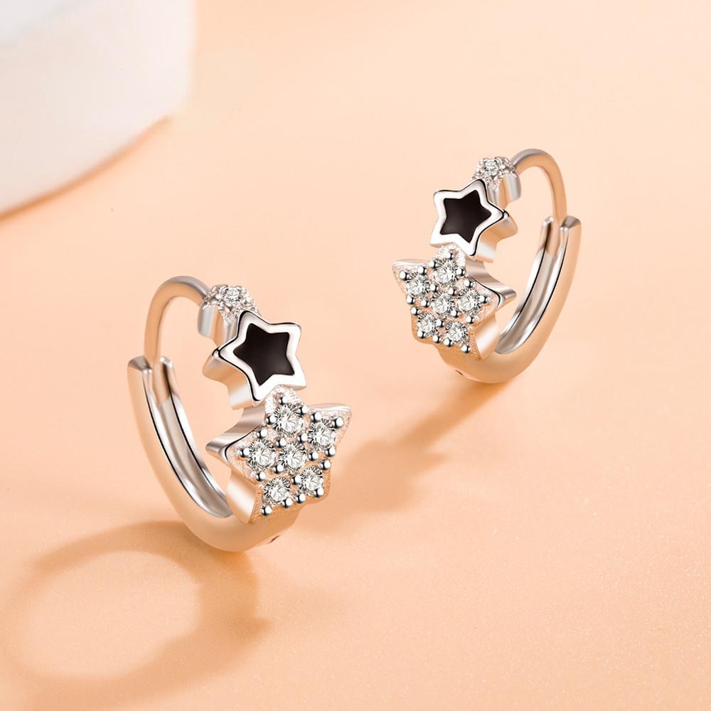 925 Silver Woman Jewelry High Quality Crystal Zircon Simple Epoxy Black Five-pointed Star Earrings