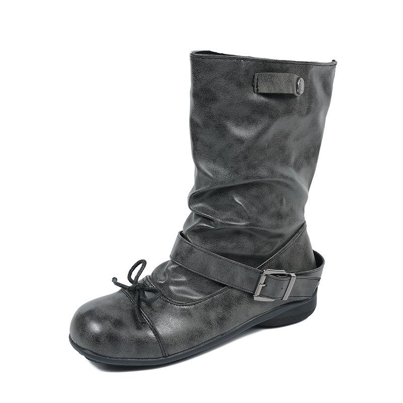 Spring boots bow slim round head fashion niche design loose pile medium boots black