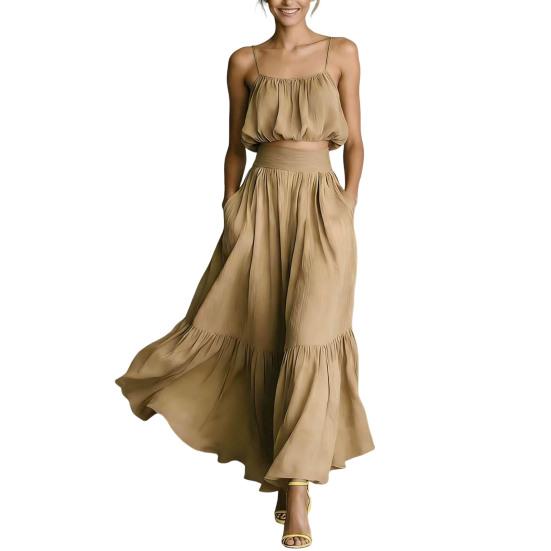 Summer 2 Piece Skirt Set for Women, Sleeveless Spaghetti Strap Top And High Waist Ruffle Skirt Vacation Travel XXXL