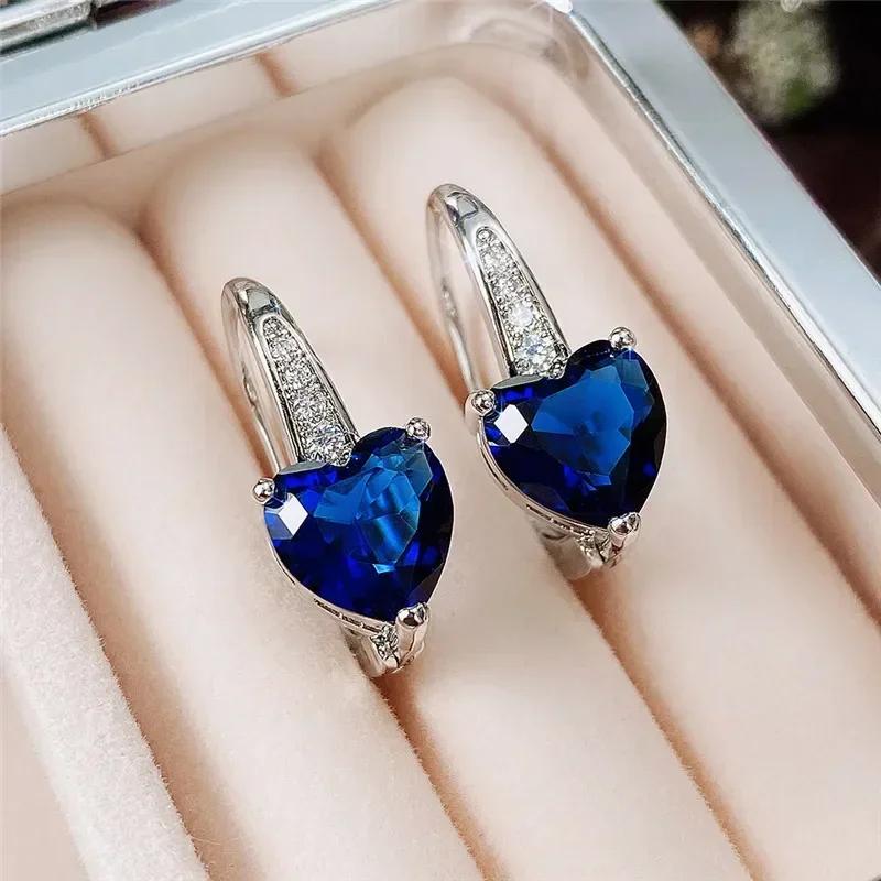 Blue Cz Heart Earrings For Women Elegant Simple Wedding Accessory  Fashion Versatile Ear Jewelry Gift