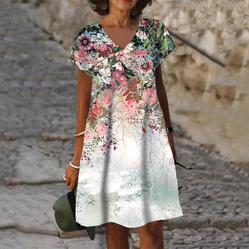 3D Peacock Floral Print Dresses For Summer Women Fashion Short Sleeve V-Neck Loose Dress Vintage Oversized Ladies Dress
