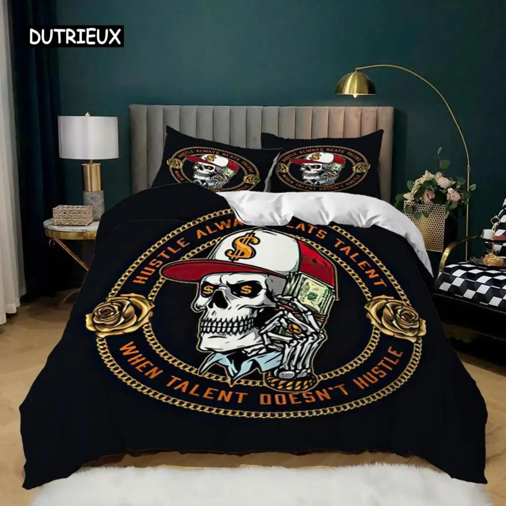Skull Duvet Cover Queen Size Gothic Skeleton Bedding Set Rose Flower Polyester Comforter Cover for Kids Teens Adults Halloween