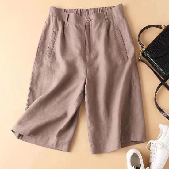 High Waist Elastic Waistband Women Shorts Button Fly Pockets Knee Length Straight Wide Leg Suit Short Pants Workwear
