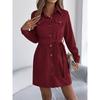 Herbst und Winter, Freizeit, Einfarbig, Einreihiges Kleid, Revers, Langärmelig, Schnürung, Kordstoff Hemdkleid, Damenbekleidung
