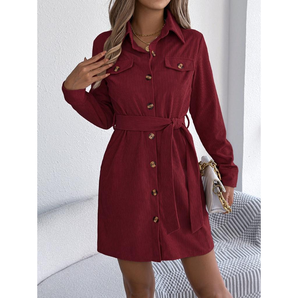 Herbst und Winter, Freizeit, Einfarbig, Einreihiges Kleid, Revers, Langärmelig, Schnürung, Kordstoff Hemdkleid, Damenbekleidung