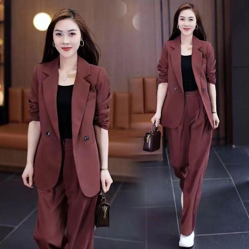 Plus Size Women's Two-Piece Suit: Wide-Leg Trousers & Blazer – Korean Style Loose Casual Set for Spring & Autumn.