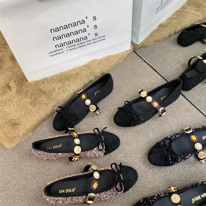 XINZHOU Tweed Color Matching Flat-bottomed Bow Single Shoes Women's 2025 One-word Buckle Pearl Light Mouth Mary Jane Shoes