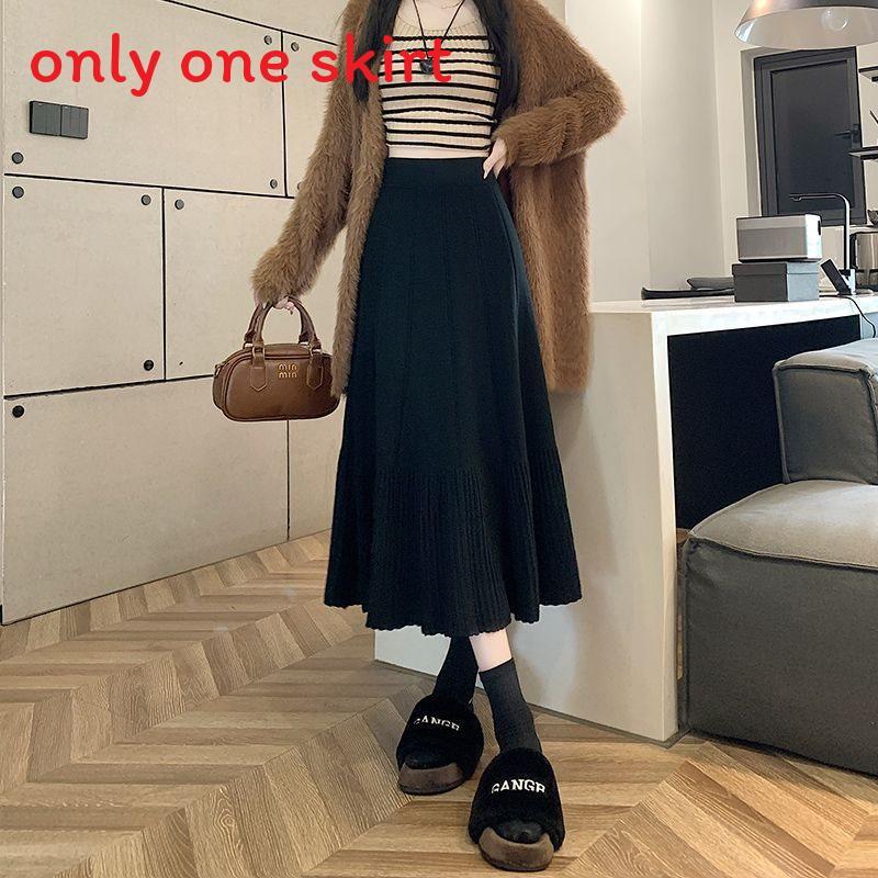 Cotton Blend Knit Midi Skirt With High Waist And Pleats For Fall Winter Fashion