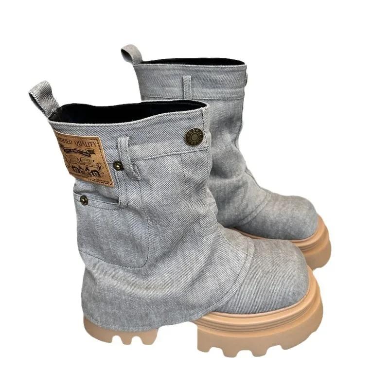 Jolin Tsai Style Casual Retro Thick Bottom Fashionable Trouser Boots Autumn New Arrival British Style Round Toe Rubber Outsole