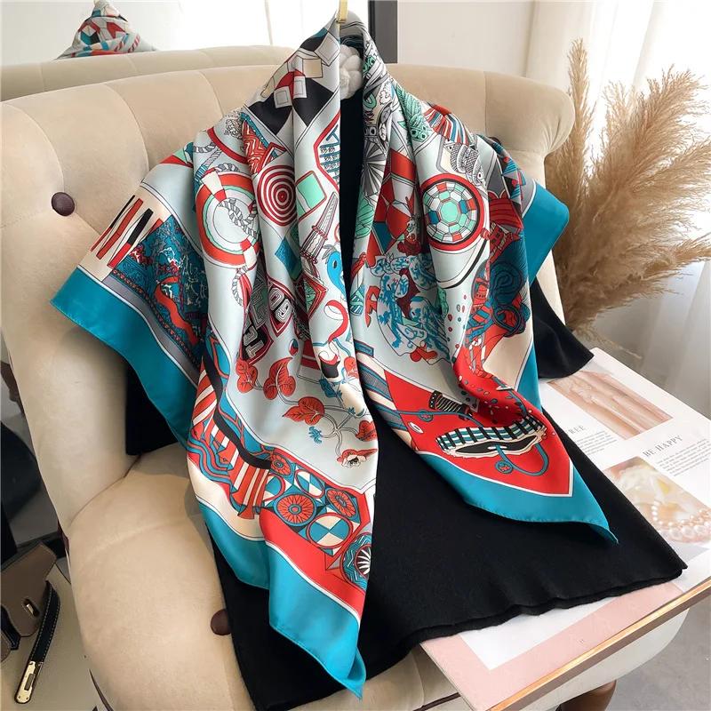 90cm Square Shawls and Scarves Twill Silk Scarf Female Big Kerchief Printed Hijab Scarf For Women Headband Neckerchief Wraps