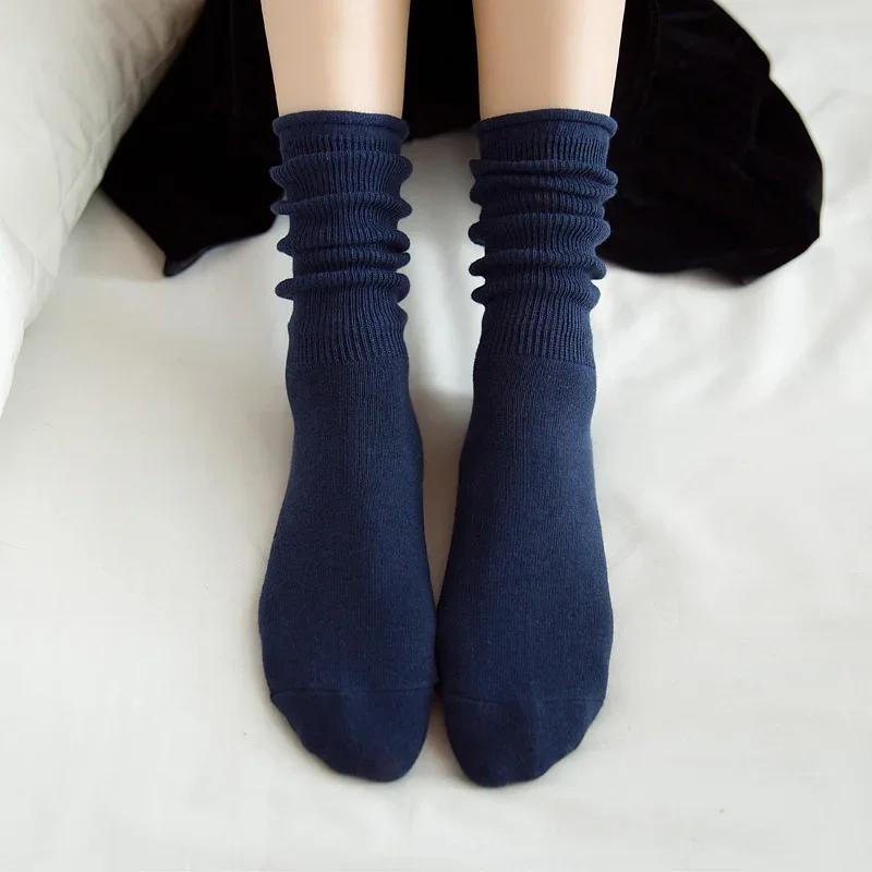 3 Pairs/lot Japanese Korea High School Girls High Socks Loose Solid Colors Double Needles Knitting Cotton Long Socks Women