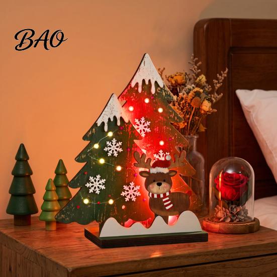 Festive Home Decoration Wooden Christmas Tree Table Decor with LED Light, Rustic Standing Sign Ornament Reindeer Santa Claus for Holiday Tiered Tray,