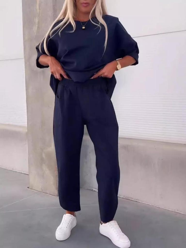 2026 Autumn/Winter Women's Solid Color Crew Neck Long Sleeve Top & Pocket Pants Set