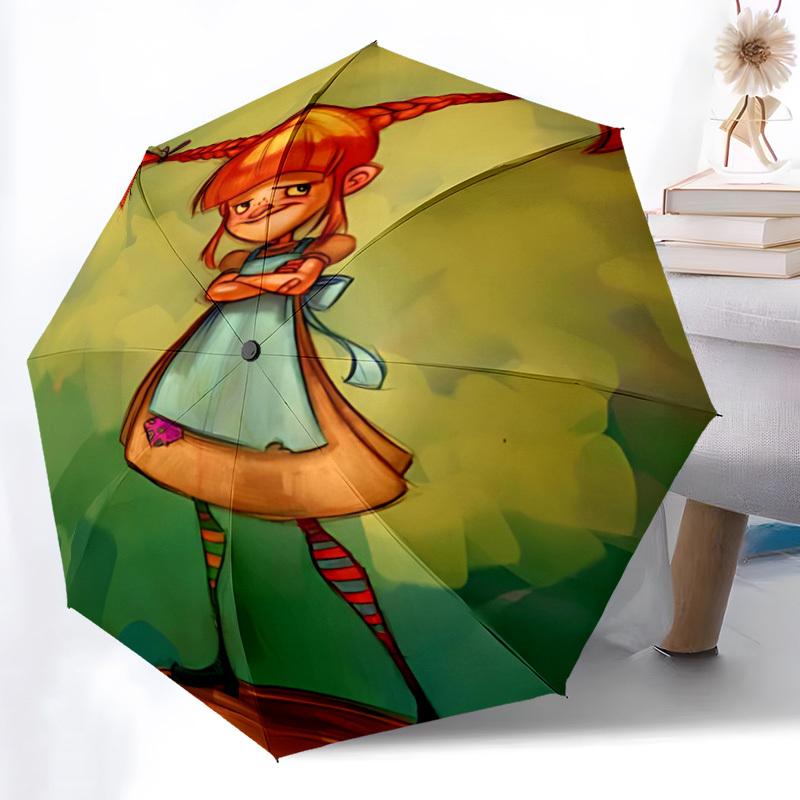 1PC Pippi Longstocking Automatic Folding Umbrella - Compact 8-Rib Design, Durable Plastic & Iron,  F010619