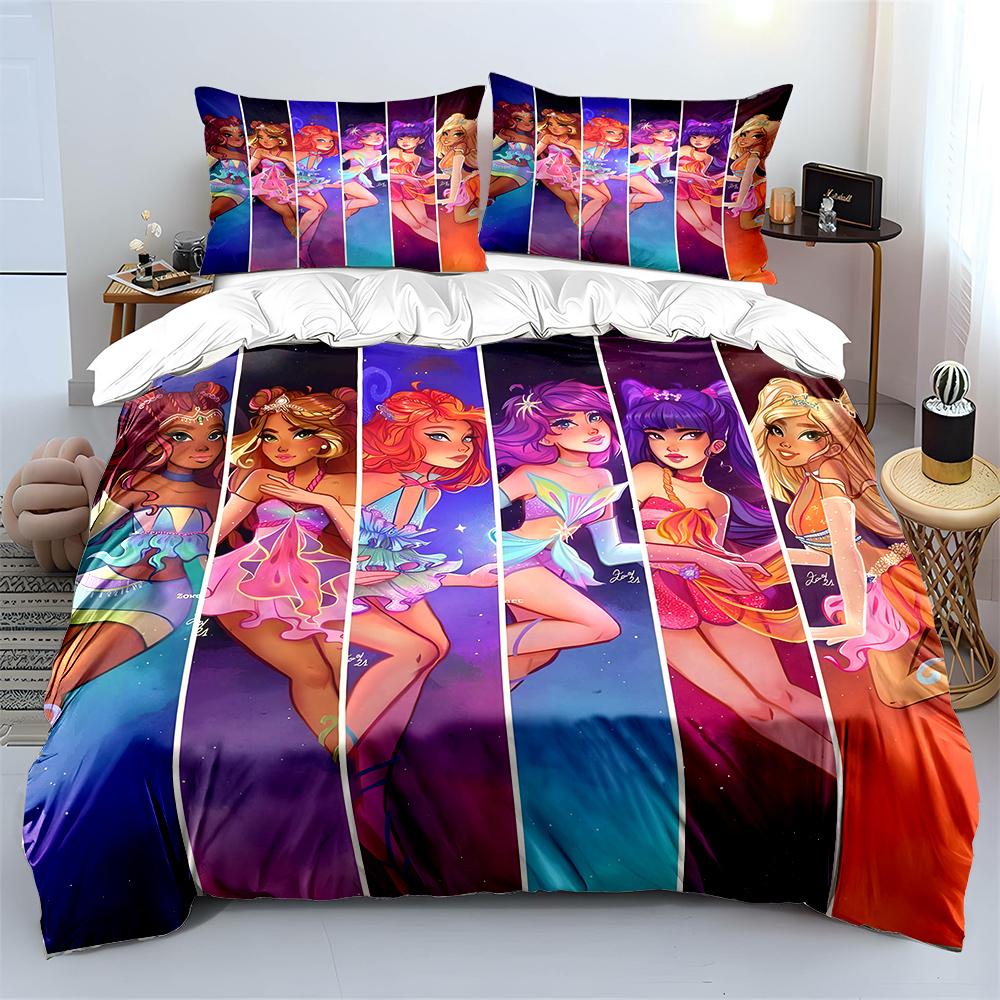 Beautiful Girls W-winx Cartoon Pattern Duvet Cover Set Digital Print Colorful Polyester Bedding with Zipper Closur for Kids Gift