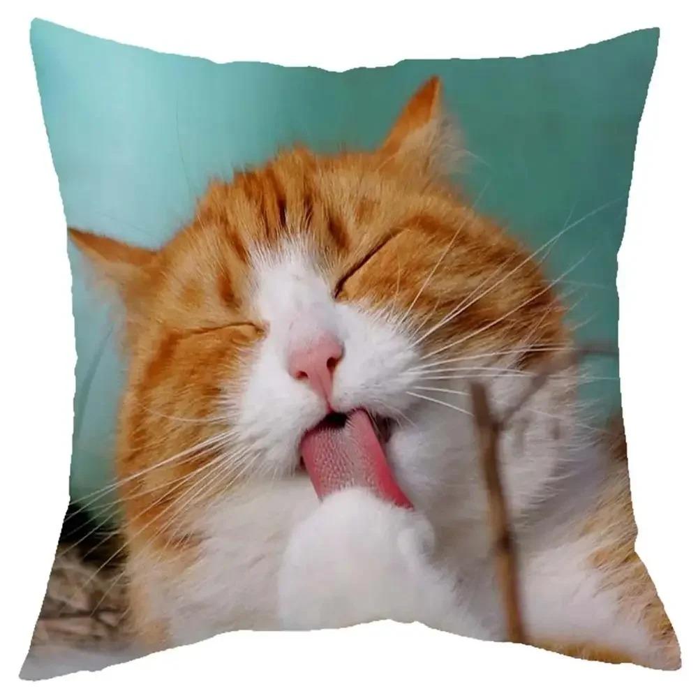 Cute Cat Pillowcase D Flat Printed Peach Skin Cushion Cover Realistic Kitten Animal Pattern For Sofa Living Room Decor