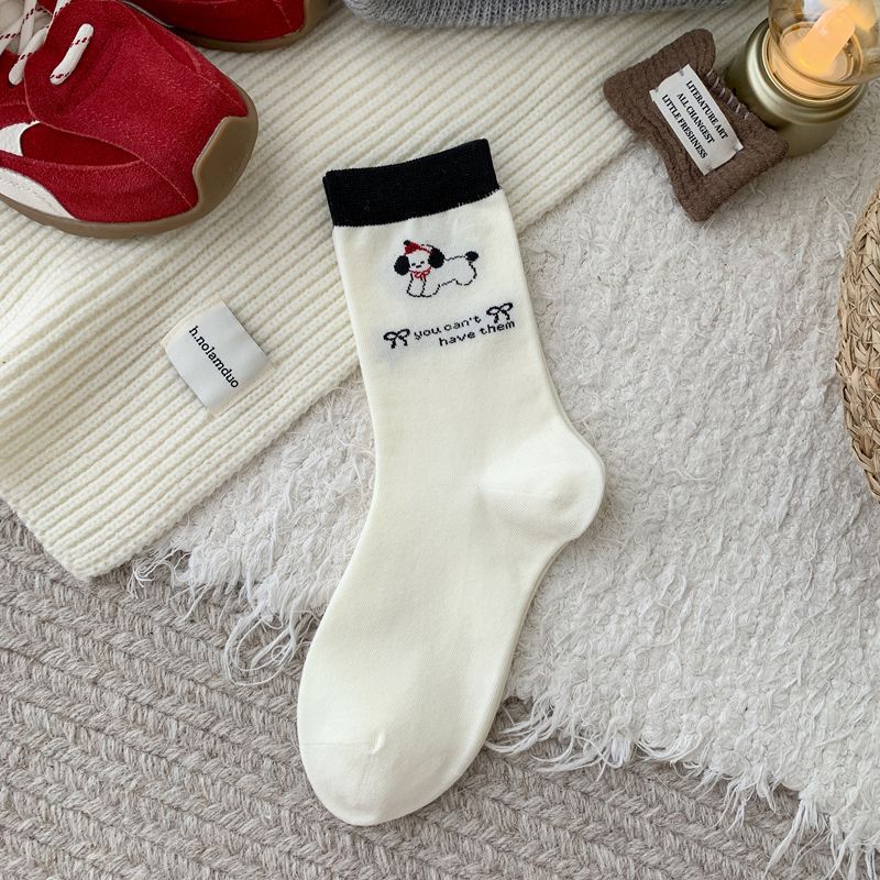 White Cute Cartoon English Dog Boneless Mid-calf Socks for Women, Pure Cotton Bow Polka Dot Pile Socks