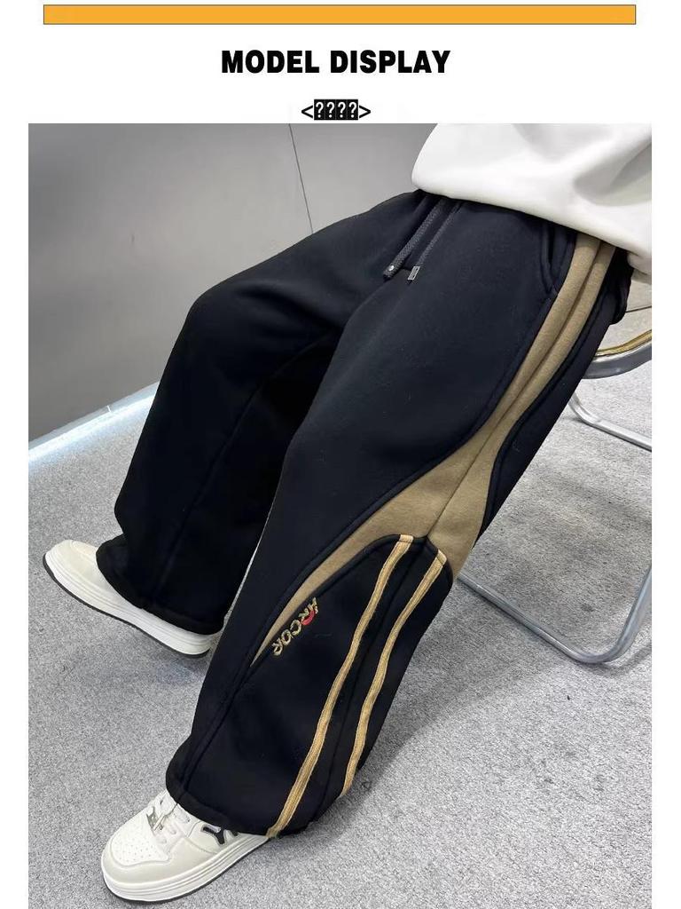 Boys' Thick Fleece-Lined Velvet Sweatpants – Warm Autumn/Winter Pants with Spliced Line Design