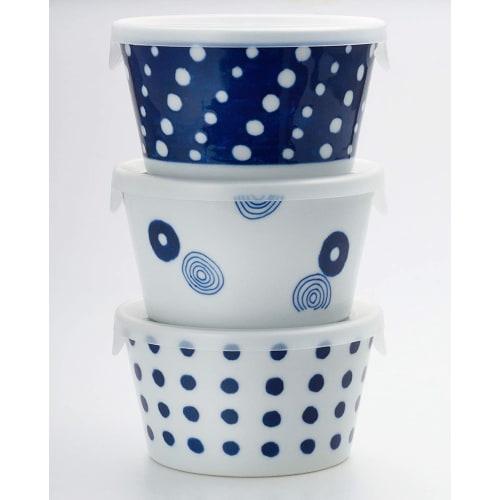 Nishikai Toki Hasami Ware Indigo Japan Microwave Pack Canister Set with Lid, 11x6cm Diameter, 3 Designs (Gift Boxed), Microwave and Dishwasher Safe, I