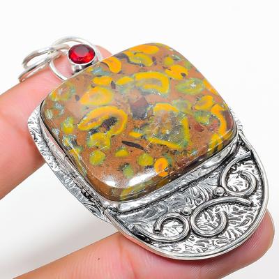Natural Bamboo Jasper, Garnet Gemstone 925 Sterling Silver Pendant 2.72" P8u16