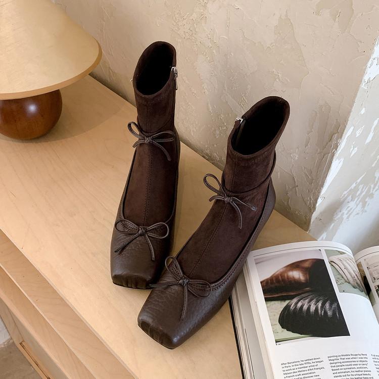 Sheepskin Version~ Retro Ballet Style Bow Thin Boots Women's French Autumn and Winter New Pig Nose Thick Heel Short Boots